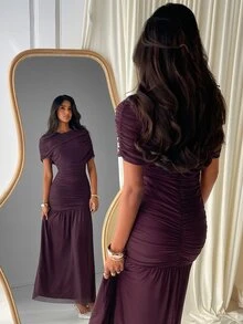 Aloruh Women's Long Mesh Solid Color Boho Autumn/Winter New Ruched A-Line Chocolate Brown Dress - Brown - View 8
