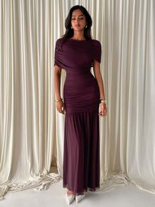 Aloruh Women's Long Mesh Solid Color Boho Autumn/Winter New Ruched A-Line Chocolate Brown Dress - Brown - View 9