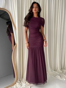Aloruh Women's Long Mesh Solid Color Boho Autumn/Winter New Ruched A-Line Chocolate Brown Dress - Brown - View 6