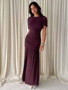 Aloruh Women's Long Mesh Solid Color Boho Autumn/Winter New Ruched A-Line Chocolate Brown Dress - Brown - View 3
