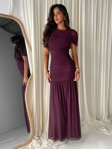 Aloruh Women's Long Mesh Solid Color Boho Autumn/Winter New Ruched A-Line Chocolate Brown Dress - Brown - View 7