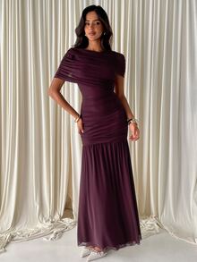 Aloruh Women's Long Mesh Solid Color Boho Autumn/Winter New Ruched A-Line Chocolate Brown Dress - Brown - View 4