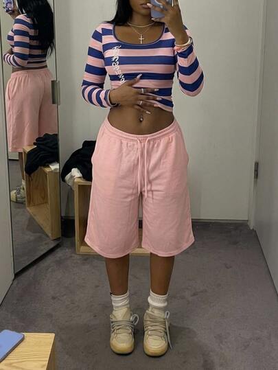 Fiercella Fiercella Bộ quần áo nữ phong cách Y2K kẻ sọc màu sáng bão hòa cao, gồm áo top và quần lửng 3/4, streetwear casual, Afro
