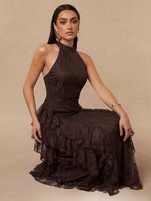 Silquee Elegant Autumn/Winter A-Line Dress: Brown Sleeveless Design With Lace And Ruffled Hem (Suitable For Weddings, Birthdays, Graduations, And Parties) - Brown - View 7