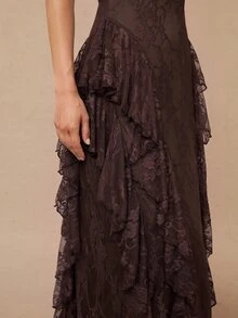 Silquee Elegant Autumn/Winter A-Line Dress: Brown Sleeveless Design With Lace And Ruffled Hem (Suitable For Weddings, Birthdays, Graduations, And Parties) - Brown - View 10