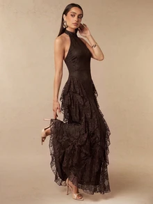 Silquee Elegant Autumn/Winter A-Line Dress: Brown Sleeveless Design With Lace And Ruffled Hem (Suitable For Weddings, Birthdays, Graduations, And Parties) - Brown - View 3
