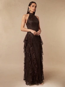 Silquee Elegant Autumn/Winter A-Line Dress: Brown Sleeveless Design With Lace And Ruffled Hem (Suitable For Weddings, Birthdays, Graduations, And Parties) - Brown - View 5
