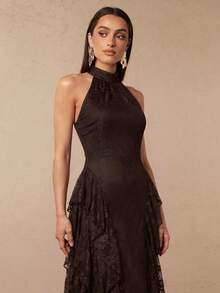 Silquee Elegant Autumn/Winter A-Line Dress: Brown Sleeveless Design With Lace And Ruffled Hem (Suitable For Weddings, Birthdays, Graduations, And Parties) - Brown - View 6