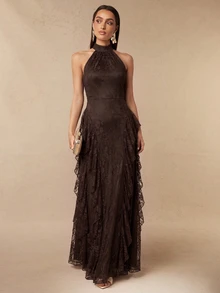 Silquee Elegant Autumn/Winter A-Line Dress: Brown Sleeveless Design With Lace And Ruffled Hem (Suitable For Weddings, Birthdays, Graduations, And Parties) - Brown - View 9