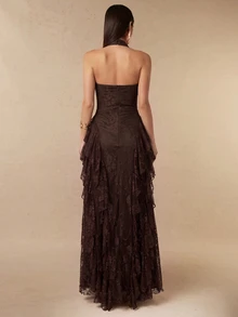Silquee Elegant Autumn/Winter A-Line Dress: Brown Sleeveless Design With Lace And Ruffled Hem (Suitable For Weddings, Birthdays, Graduations, And Parties) - Brown - View 4