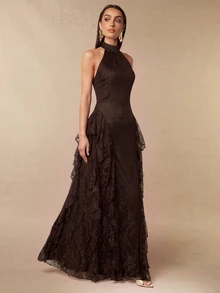 Silquee Elegant Autumn/Winter A-Line Dress: Brown Sleeveless Design With Lace And Ruffled Hem (Suitable For Weddings, Birthdays, Graduations, And Parties) - Brown - View 8