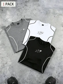 Sport MetroGents Kaos Olahraga Pria 1 potong dengan Trim Kontras dan Motif Bintang, untuk Gym - Hitam - View 3