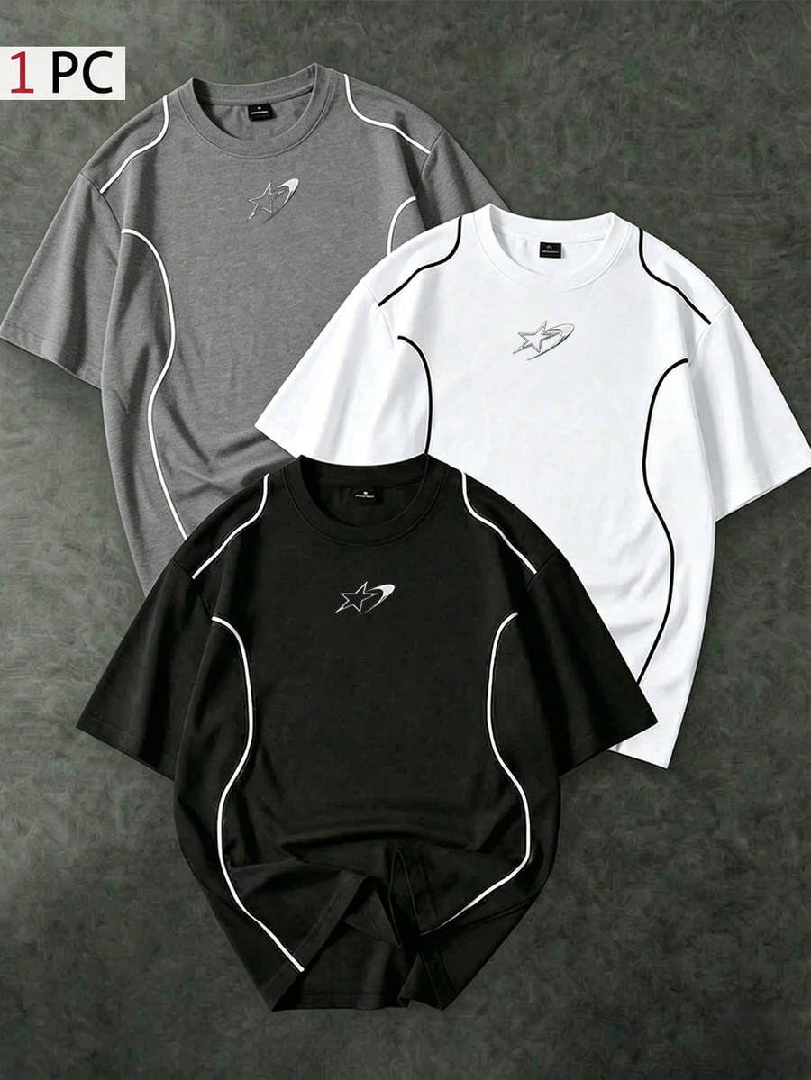 Sport MetroGents Kaos Olahraga Pria 1 potong dengan Trim Kontras dan Motif Bintang, untuk Gym - Hitam - View 1