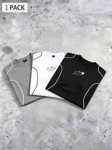 Sport MetroGents Kaos Olahraga Pria 1 potong dengan Trim Kontras dan Motif Bintang, untuk Gym - Hitam - View 4