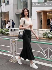 SHEIN MOD Women's High Waisted Side Drawstring Waist With Pleated Hem And Mermaid Hemline Long Black Skirt - Black - View 2