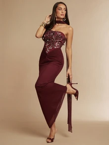 Silquee Gaun Elegan Wanita Tanpa Lengan dengan Motif Bunga Patchwork dan Payet - Burgundy - View 3