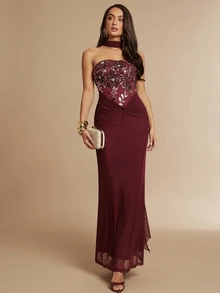Silquee Gaun Elegan Wanita Tanpa Lengan dengan Motif Bunga Patchwork dan Payet - Burgundy - View 5