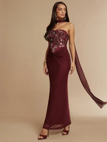 Silquee Gaun Elegan Wanita Tanpa Lengan dengan Motif Bunga Patchwork dan Payet - Burgundy - View 7