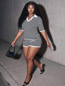Slaydiva Spring/Summer New Casual Elegant Streetwear Daily Vacation Wedding Guest Formal Home Date Outing Black And White Top Shorts Plus Size Set - Black - View 1