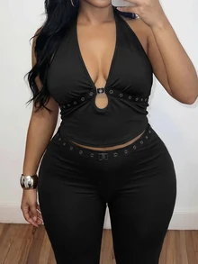 Slaydiva New Spring/Summer Women's Plus Size Two Pieces Set Sexy Halter Neck Top With Eyelet Webbing Flared Pants Pantsuit Suspender Top Set Solid Black - Black - View 3