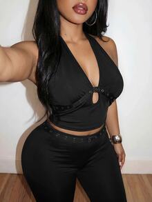 Slaydiva New Spring/Summer Women's Plus Size Two Pieces Set Sexy Halter Neck Top With Eyelet Webbing Flared Pants Pantsuit Suspender Top Set Solid Black - Black - View 5