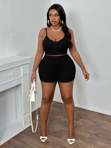 Slaydiva Conjunto casual de verano para mujer de talla grande con camiseta recortada y shorts sueltos para exteriores - Negro - Ver 7
