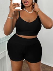 Slaydiva Conjunto casual de verano para mujer de talla grande con camiseta recortada y shorts sueltos para exteriores - Negro - Ver 9