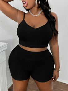 Slaydiva Conjunto casual de verano para mujer de talla grande con camiseta recortada y shorts sueltos para exteriores - Negro - Ver 5