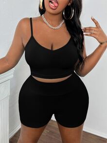 Slaydiva Conjunto casual de verano para mujer de talla grande con camiseta recortada y shorts sueltos para exteriores - Negro - Ver 3