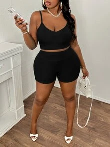 Slaydiva Conjunto casual de verano para mujer de talla grande con camiseta recortada y shorts sueltos para exteriores - Negro - Ver 6