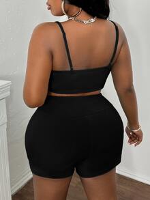 Slaydiva Conjunto casual de verano para mujer de talla grande con camiseta recortada y shorts sueltos para exteriores - Negro - Ver 2