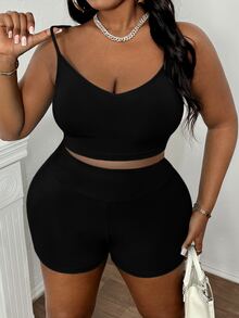 Slaydiva Conjunto casual de verano para mujer de talla grande con camiseta recortada y shorts sueltos para exteriores - Negro - Ver 8