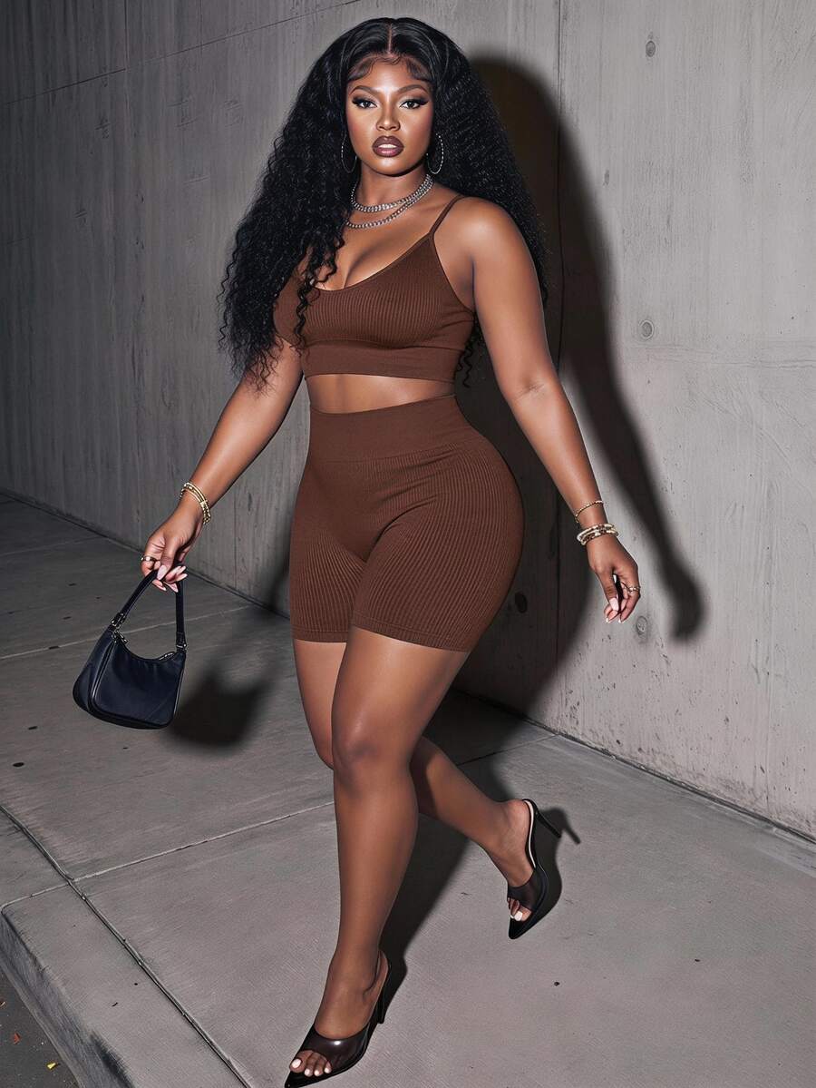Slaydiva Summer Basic Loose Fit Women's Plus Size Outdoor Casual Baggy Set Gym Formal Workout Brown - Rust Brown - View 1