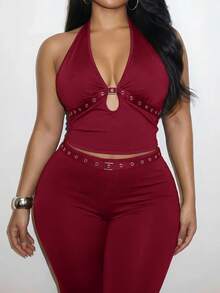 Slaydiva New Spring/Summer Women's Plus Size Two Pieces Set Sexy Halter Neck Top With Eyelet Webbing Flared Pants Solid Burgundy Two Pieces Pantsuit Suspender - Burgundy - View 4