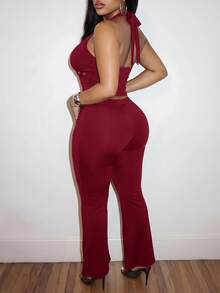 Slaydiva New Spring/Summer Women's Plus Size Two Pieces Set Sexy Halter Neck Top With Eyelet Webbing Flared Pants Solid Burgundy Two Pieces Pantsuit Suspender - Burgundy - View 2