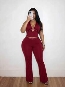 Slaydiva New Spring/Summer Women's Plus Size Two Pieces Set Sexy Halter Neck Top With Eyelet Webbing Flared Pants Solid Burgundy Two Pieces Pantsuit Suspender - Burgundy - View 7