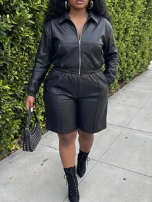 Slaydiva Setelan Jaket dan Celana Pendek Gaya Streetwear Kasual Elegan Ukuran Plus Era 80-an, 2 Potongan, Pakaian Kerja, Jalan-jalan Malam, Liburan, Bisnis yang Chic, Musim Gugur untuk Wanita Berlekuk, Hitam - Hitam - View 4
