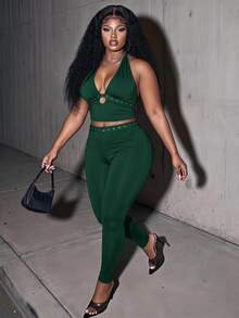 Slaydiva Spring/Summer Women's Plus Size Two Pieces Set Music Festivals Club Party Sexy Spaghetti Strap Top With Eyelet Webbing And Flared Pants Dark Green - Dark Green - View 1