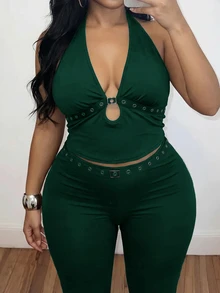 Slaydiva Spring/Summer Women's Plus Size Two Pieces Set Music Festivals Club Party Sexy Spaghetti Strap Top With Eyelet Webbing And Flared Pants Dark Green - Dark Green - View 3