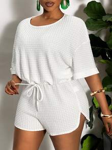 Slaydiva 2pcs Plus Size Casual Smart Casual Solid Color Drawstring Waist Split Hem Women Outfits, Summer Two Pieces Set,Holiday Outfits Vacation White - White - View 5