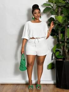 Slaydiva 2pcs Plus Size Casual Smart Casual Solid Color Drawstring Waist Split Hem Women Outfits, Summer Two Pieces Set,Holiday Outfits Vacation White - White - View 4
