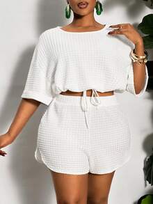 Slaydiva 2pcs Plus Size Casual Smart Casual Solid Color Drawstring Waist Split Hem Women Outfits, Summer Two Pieces Set,Holiday Outfits Vacation White - White - View 3