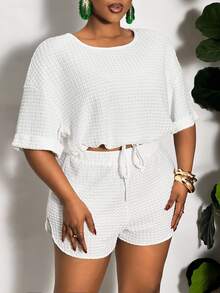 Slaydiva 2pcs Plus Size Casual Smart Casual Solid Color Drawstring Waist Split Hem Women Outfits, Summer Two Pieces Set,Holiday Outfits Vacation White - White - View 8