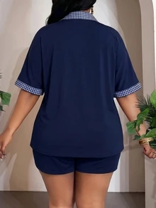 Slaydiva 大尺碼女款馬術刺繡格紋拼接撞色短袖上衣短褲休閒兩件套 海軍藍 夏季 正式 - 藍色 - 查看 3