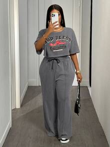 Slaydiva Plus Size Women 2pcs/Set Casual Street Style Short Tee And Loose Sweatpants - Grey - View 6
