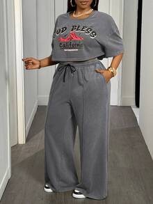 Slaydiva Plus Size Women 2pcs/Set Casual Street Style Short Tee And Loose Sweatpants - Grey - View 7