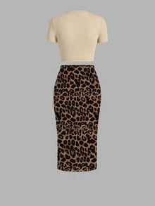 Slaydiva Plus Size Pumpkin Print Short Sleeve T-Shirt And Leopard Print Fishtail Maxi Skirt 2 Pieces Set - Multicolor - View 2
