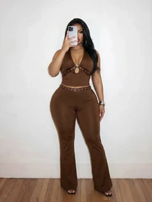 Slaydiva Setelan Dua Potong Wanita Ukuran Besar Warna Cokelat Tua Gaya Musim Panas 70-an, Atasan Halter dengan Detail Lubang Kancing dan Celana Lebar, Setelan Celana Dua Potong untuk Pesta Malam di Klub - Coklat - View 8
