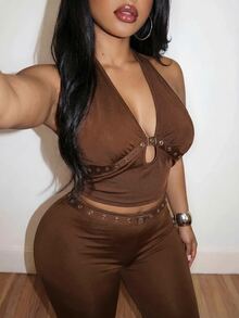 Slaydiva Setelan Dua Potong Wanita Ukuran Besar Warna Cokelat Tua Gaya Musim Panas 70-an, Atasan Halter dengan Detail Lubang Kancing dan Celana Lebar, Setelan Celana Dua Potong untuk Pesta Malam di Klub - Coklat - View 6
