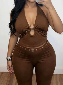Slaydiva Setelan Dua Potong Wanita Ukuran Besar Warna Cokelat Tua Gaya Musim Panas 70-an, Atasan Halter dengan Detail Lubang Kancing dan Celana Lebar, Setelan Celana Dua Potong untuk Pesta Malam di Klub - Coklat - View 4